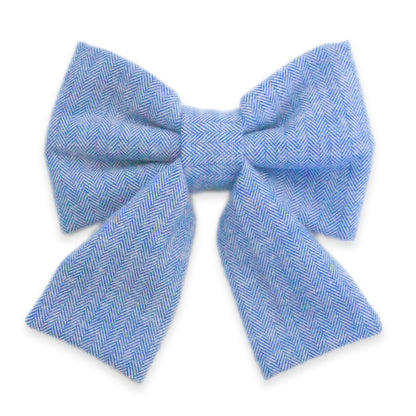 Blue Herringbone Flannel Dog Sailor Bow