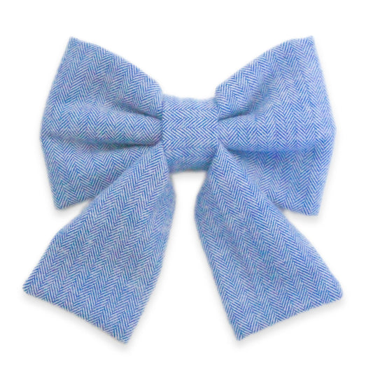 Blue Herringbone Flannel Dog Sailor Bow