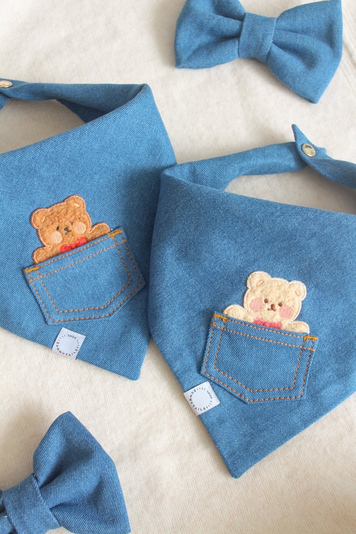 Pocket Teddy Indigo Denim Dog Bandana - Beige