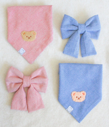 Blue Herringbone Flannel Dog Sailor Bow