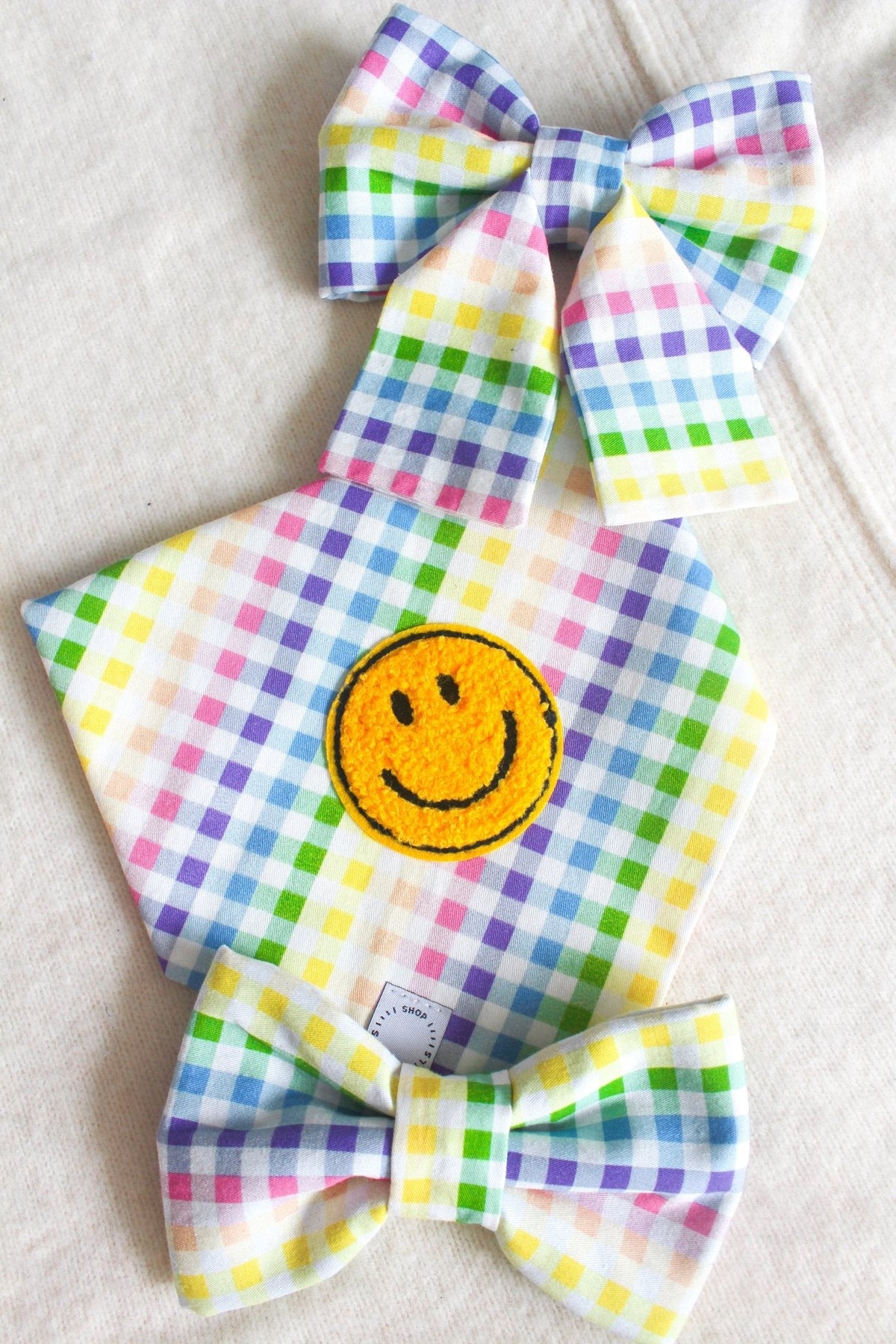 Rainbow Gingham Dog Bow Tie