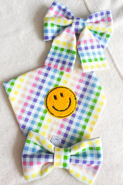 Rainbow Gingham Dog Sailor Bow